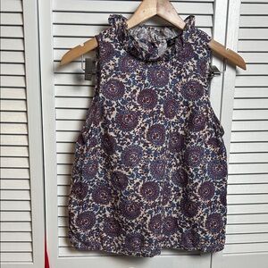 J. Crew Fleur top in floral linen blue purple cream ruffle neck romantic top XS
